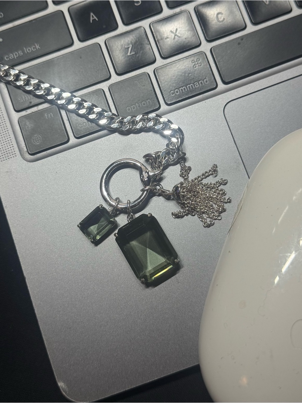Ralph Lauren Silver Tone Chain Necklace Light GREEN